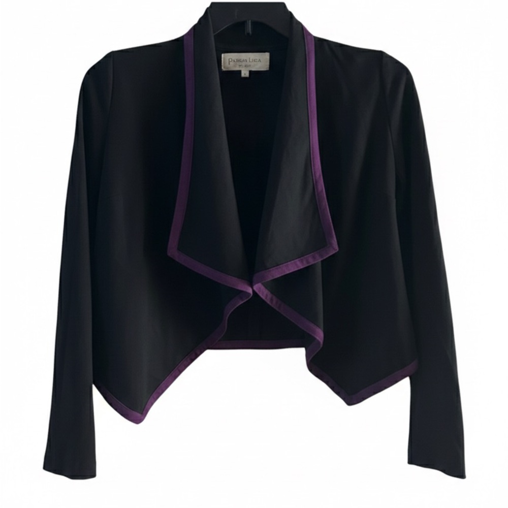 PATRIZIA LUCA Black Open Front Cardigan Blazer Purple Trim XS
